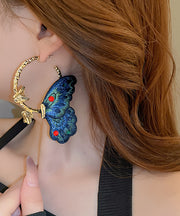 Chinese Style Blue Alloy Inlaid Cloth Embroidery Zircon Butterfly Hoop Earrings