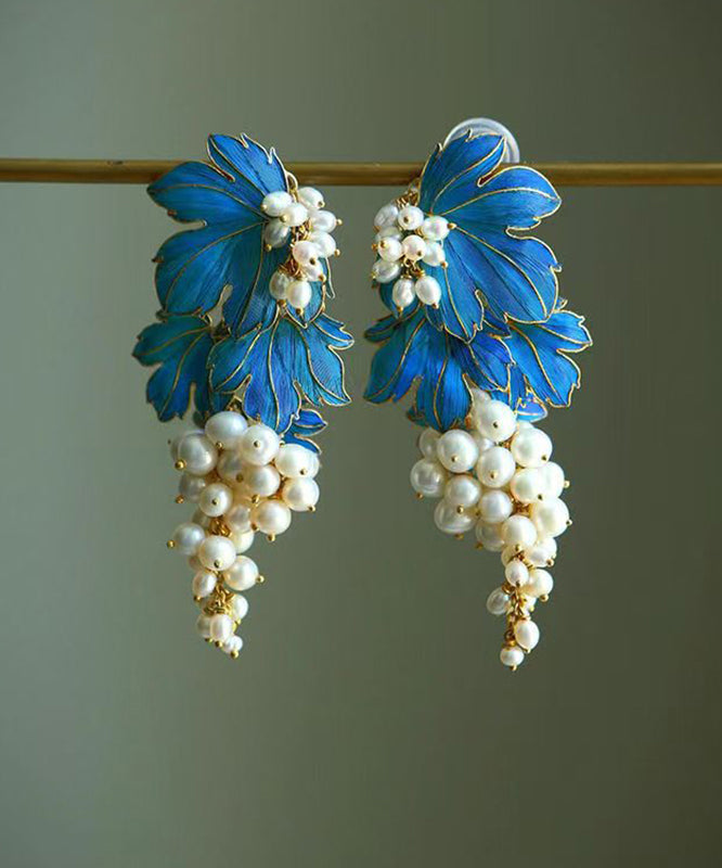 Chinese Style Blue Ancient Gold Inlaid Pearl Grape Drop Earrings