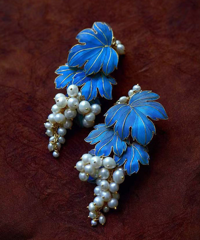 Chinese Style Blue Ancient Gold Inlaid Pearl Grape Drop Earrings