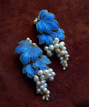 Chinese Style Blue Ancient Gold Inlaid Pearl Grape Drop Earrings