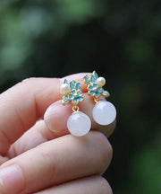 Chinese Style Blue Ancient Gold Jade Pearl Floral Drop Earrings