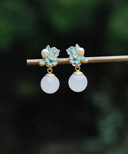 Chinese Style Blue Ancient Gold Jade Pearl Floral Drop Earrings