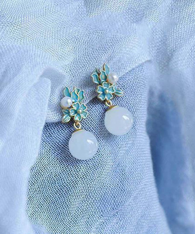 Chinese Style Blue Ancient Gold Jade Pearl Floral Drop Earrings