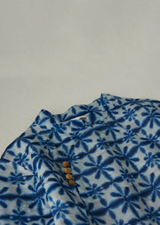 Chinese Style Blue Button Print Pockets Linen Dresses Half Sleeve