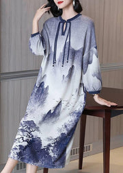 Chinese Style Blue Button Tie Dye Wool Long Dresses Spring