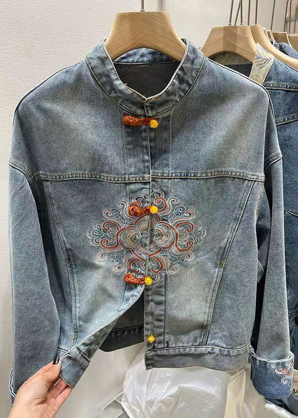 Chinese Style Blue Embroidered Button Denim Coat Spring