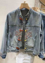Chinese Style Blue Embroidered Button Denim Coat Spring