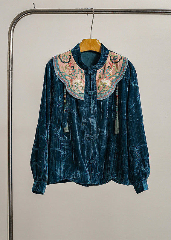 Chinese Style Blue Embroidered Jacquard Silk Velour Shirt Top Fall