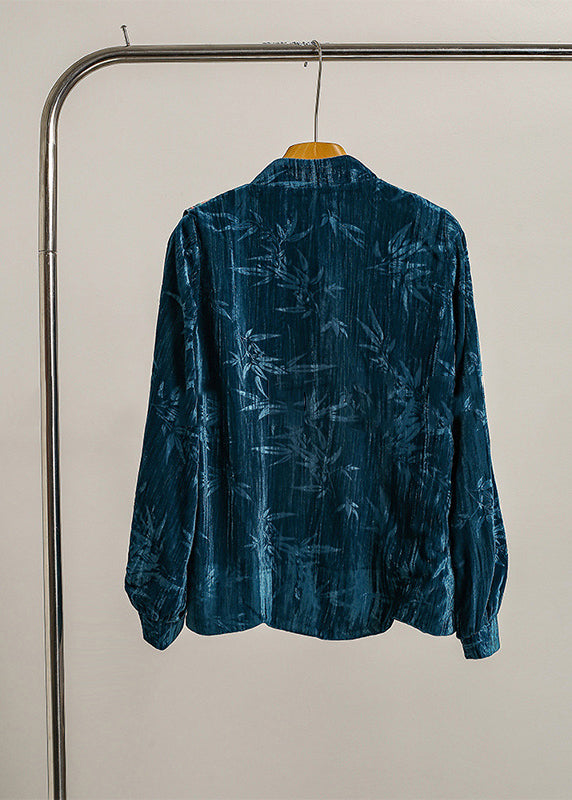 Chinese Style Blue Embroidered Jacquard Silk Velour Shirt Top Spring