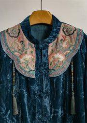 Chinese Style Blue Embroidered Jacquard Silk Velour Shirt Top Spring