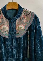 Chinese Style Blue Embroidered Jacquard Silk Velour Shirt Top Spring