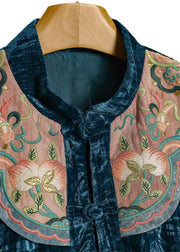 Chinese Style Blue Embroidered Jacquard Silk Velour Shirt Top Fall