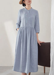 Chinese Style Blue Embroidered Pockets Patchwork Linen Dress Summer