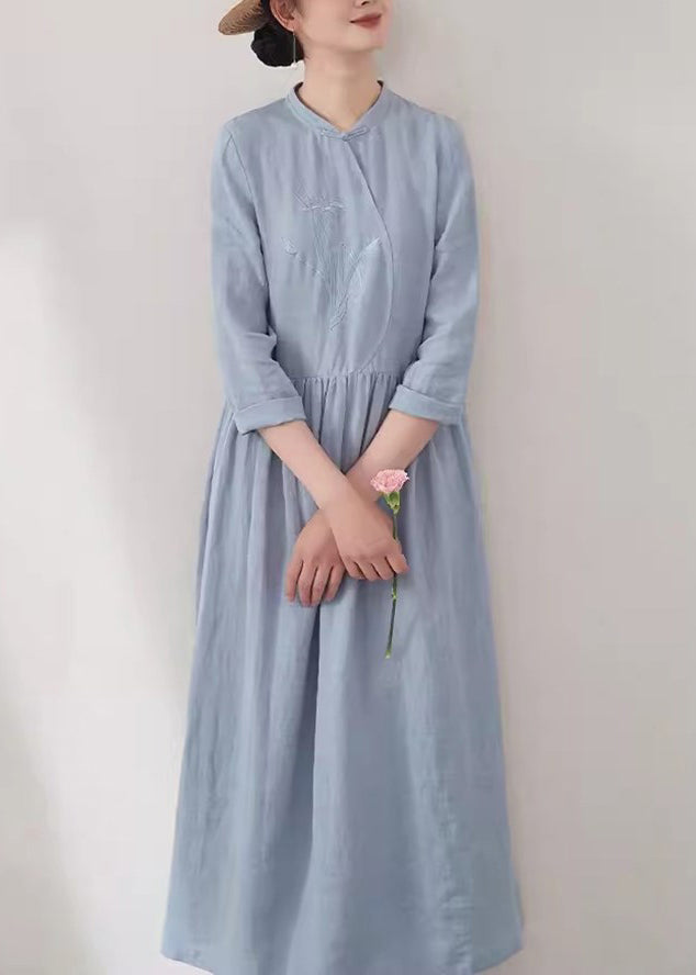 Chinese Style Blue Embroidered Pockets Patchwork Linen Dress Summer