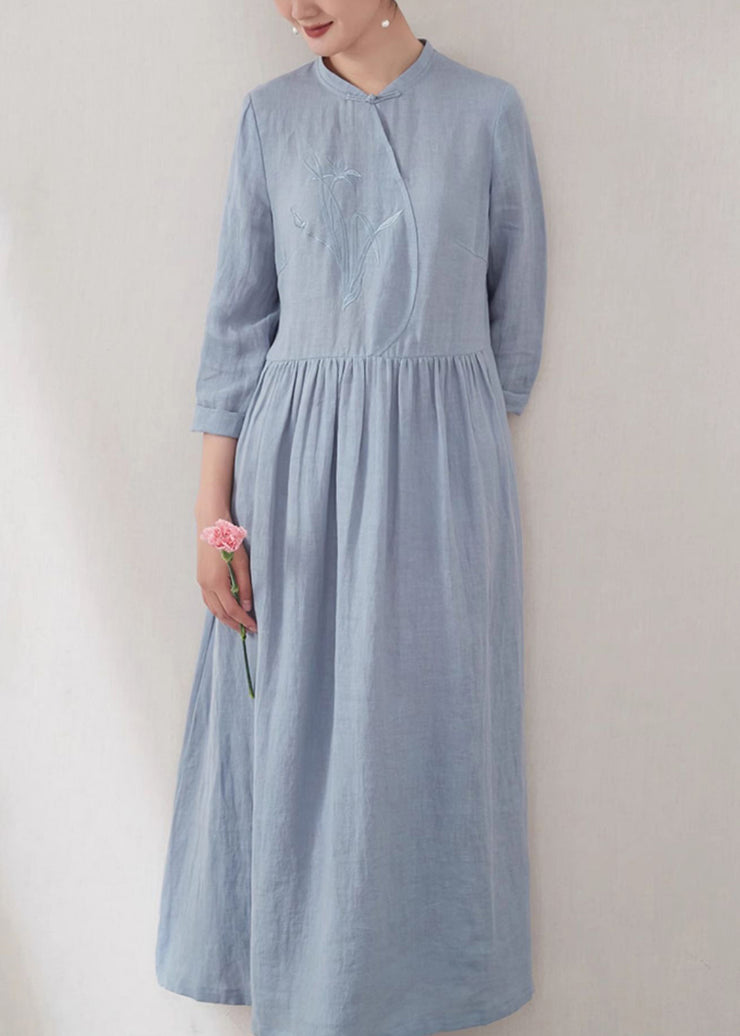 Chinese Style Blue Embroidered Pockets Patchwork Linen Dress Summer