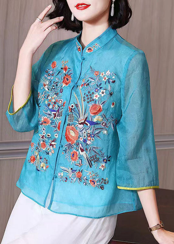 Chinese Style Blue Embroideried Patchwork Chiffon Blouse Tops Summer