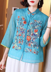 Chinese Style Blue Embroidered Patchwork Chiffon Blouse Tops Summer