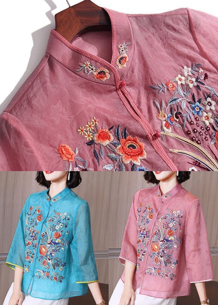 Chinese Style Blue Embroidered Patchwork Chiffon Blouse Tops Summer