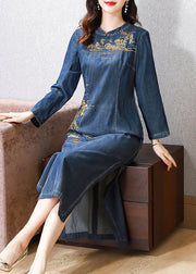 Chinese Style Blue Embroidered Patchwork Denim Long Dress Fall