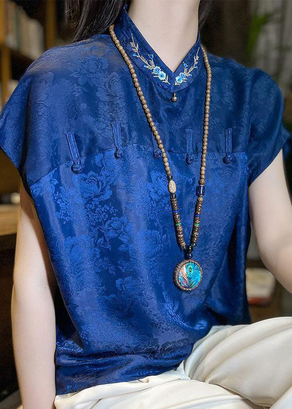 Chinese Style Blue Embroideried Patchwork Jacquard Silk Shirt Summer