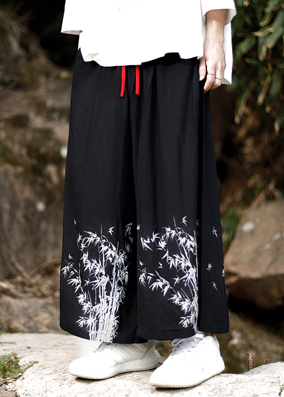 Chinese Style Blue Embroideried Pockets Cotton Mens Wide Leg Pants Summer