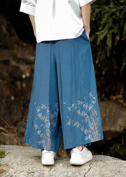 Chinese Style Blue Embroideried Pockets Cotton Mens Wide Leg Pants Summer