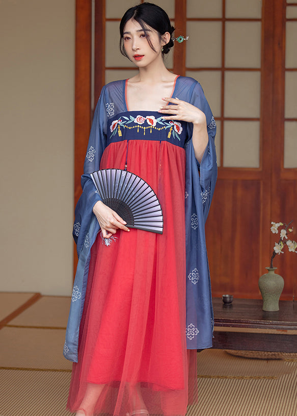 Chinese Style Blue Embroideried Tasseled Patchwork Tulle Long Dresses Summer