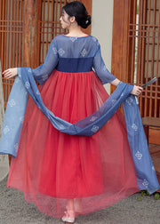 Chinese Style Blue Embroideried Tasseled Patchwork Tulle Long Dresses Summer