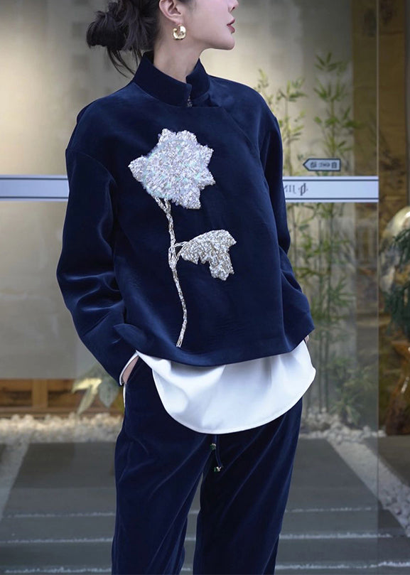 Chinese Style Blue Embroidered Velour Two Piece Set Clothing Fall