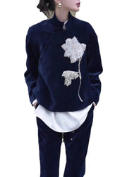 Chinese Style Blue Embroidered Velour Two Piece Set Clothing Fall