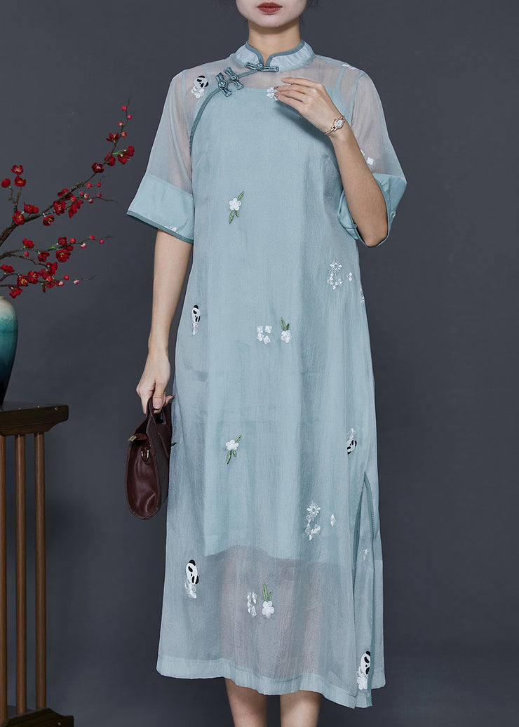 Chinese Style Blue Grey Embroidered Silk Dresses Two Piece Set Summer