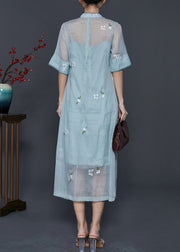 Chinese Style Blue Grey Embroidered Silk Dresses Two Piece Set Summer