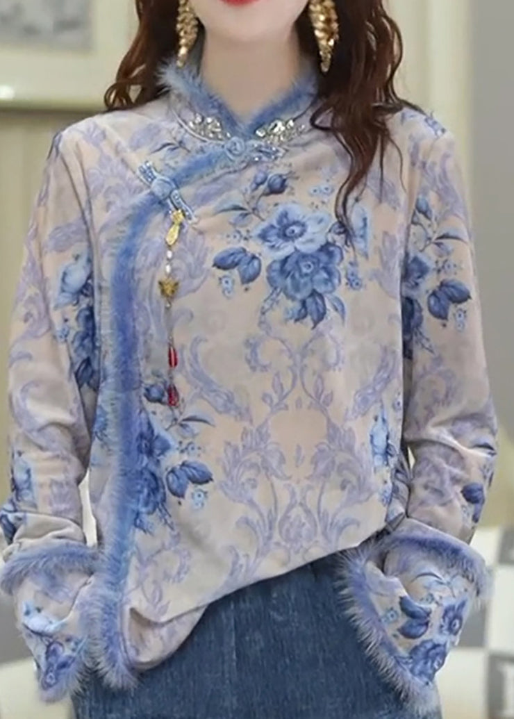 Chinese Style Blue Print Oriental Button Patchwork Silk Top Spring