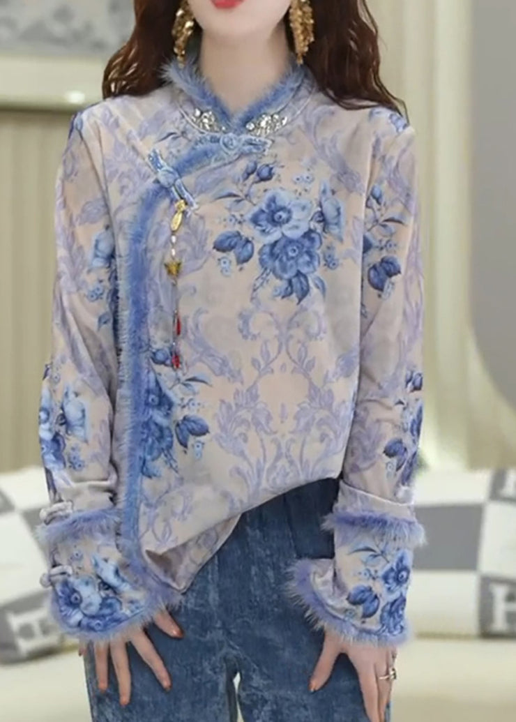 Chinese Style Blue Print Oriental Button Patchwork Silk Top Spring