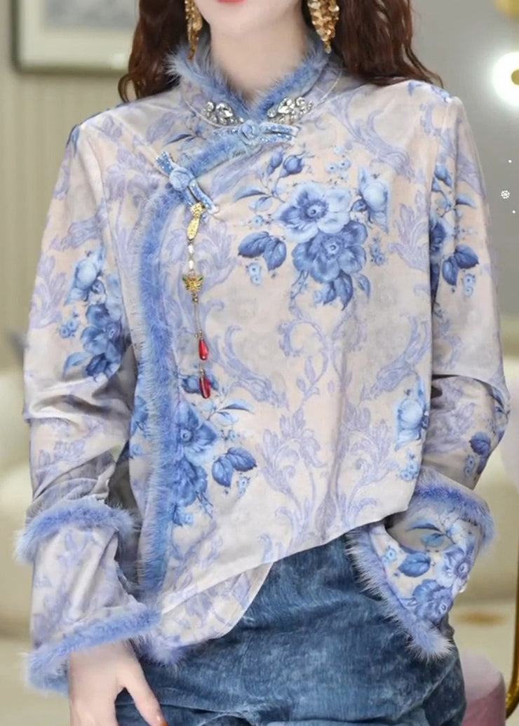 Chinese Style Blue Print Oriental Button Patchwork Silk Top Spring