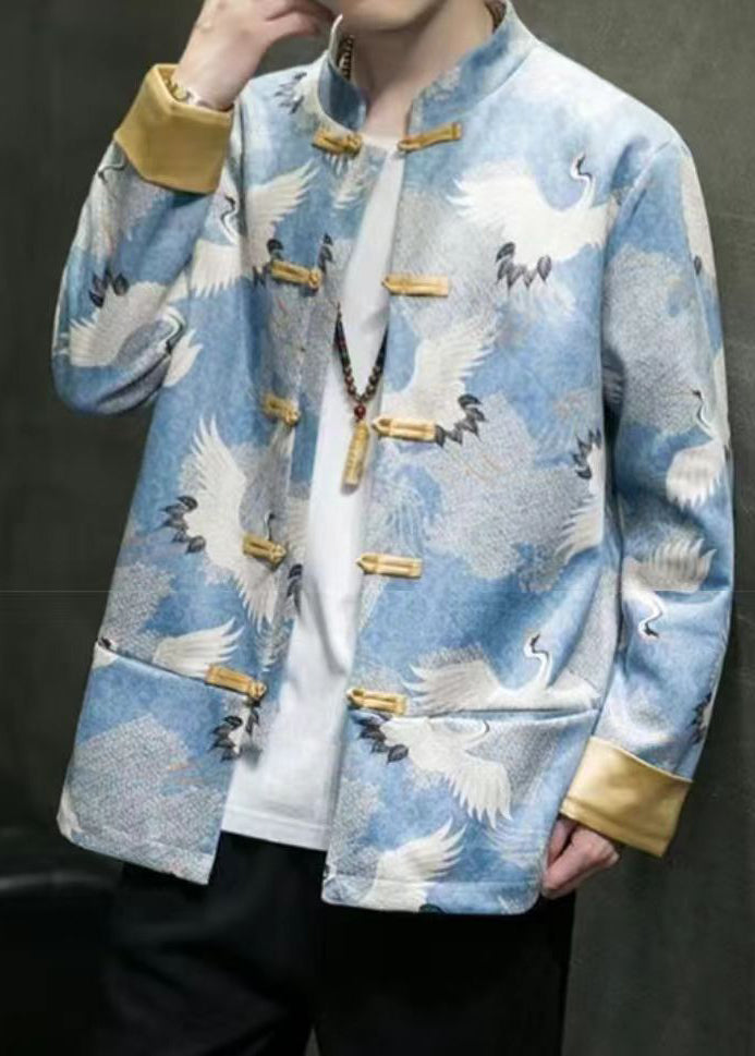 Chinese Style Blue Print Patchwork Pockets Men Jackets Spring