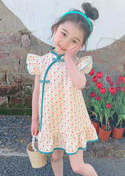 Chinese Style Blue Ruffled Print Button Girls Mid Dress Summer