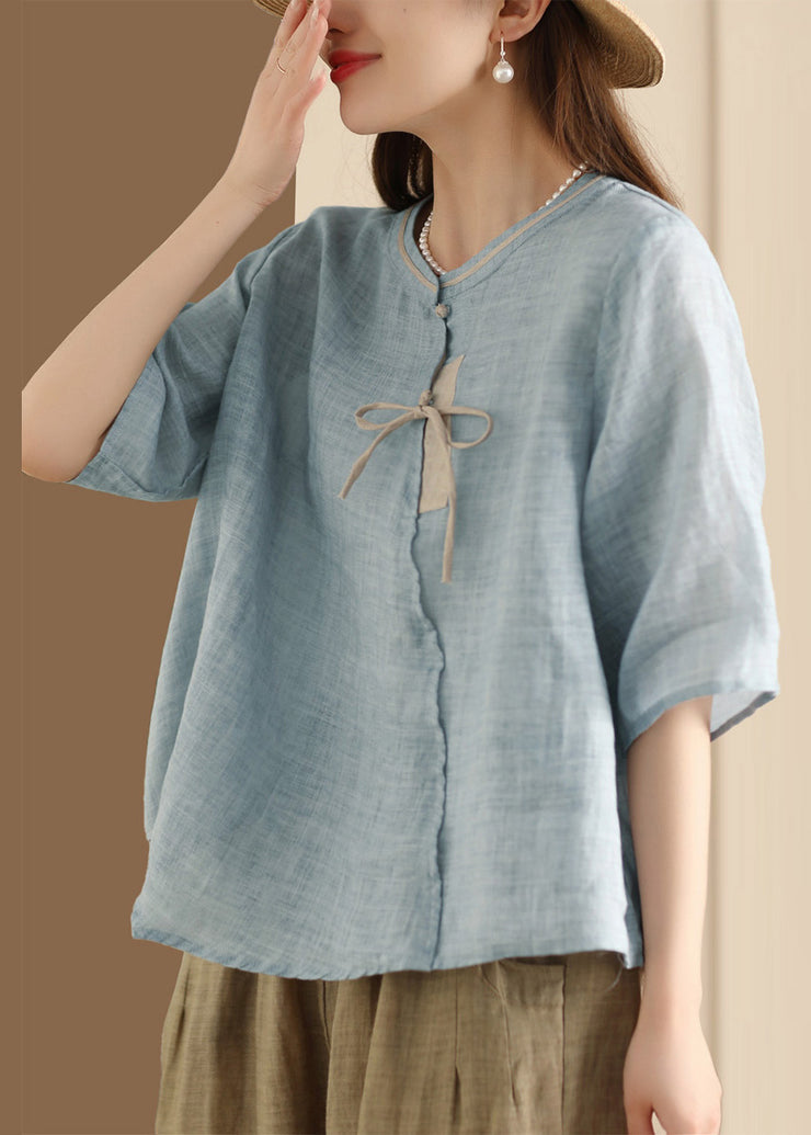 Chinese Style Blue Stand Collar Button Linen Shirt Top Summer