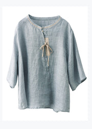 Chinese Style Blue Stand Collar Button Linen Shirt Top Summer