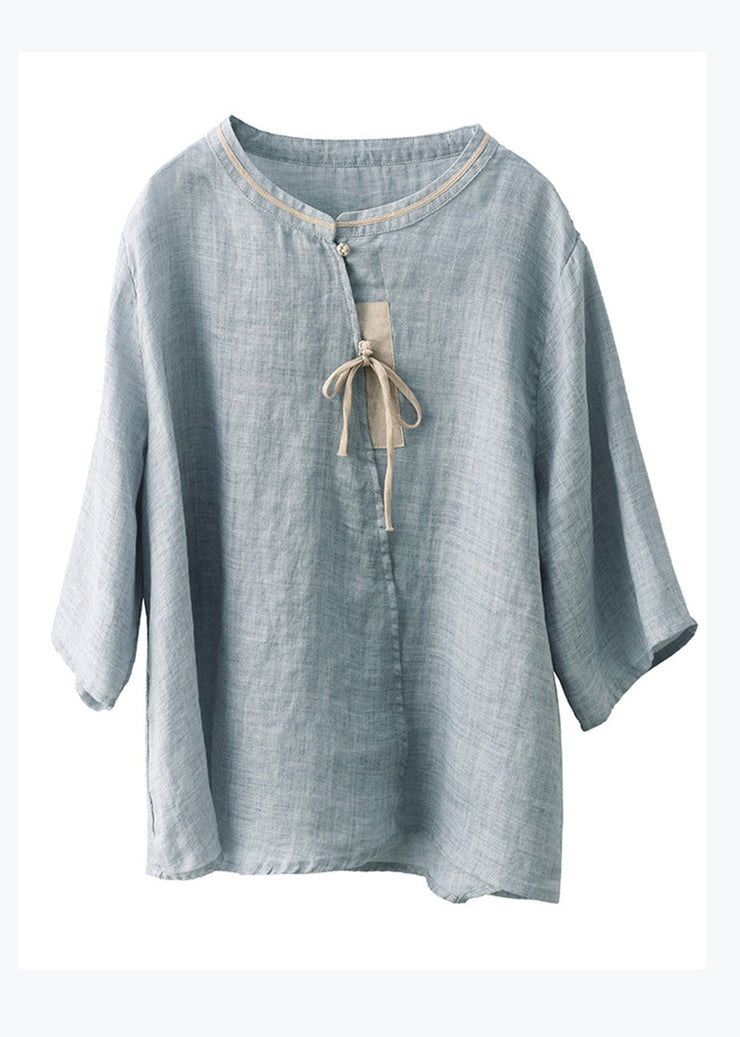 Chinese Style Blue Stand Collar Button Linen Shirt Top Summer