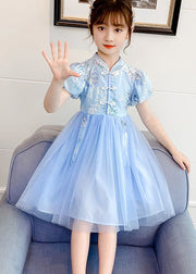 Chinese Style Blue Stand Collar Embroidered Patchwork Chiffon Kids Girls Dress Summer