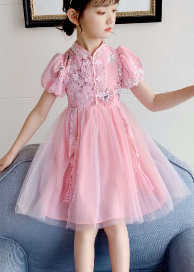 Chinese Style Blue Stand Collar Embroideried Patchwork Chiffon Kids Girls Dress Summer