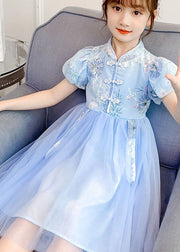 Chinese Style Blue Stand Collar Embroidered Patchwork Chiffon Kids Girls Dress Summer