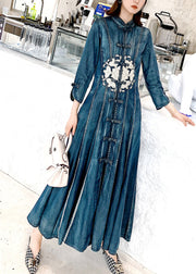 Chinese Style Blue Stand Collar Embroidered Patchwork Denim Dress Fall