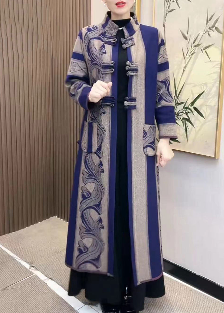 Chinese Style Blue Stand Collar Pockets Print Button Long Trench Coats Winter