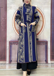 Chinese Style Blue Stand Collar Pockets Print Button Long Trench Coats Winter