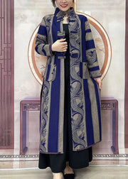 Chinese Style Blue Stand Collar Pockets Print Button Long Trench Coats Winter