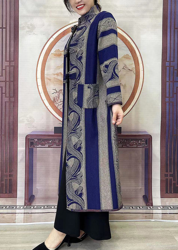 Chinese Style Blue Stand Collar Pockets Print Button Long Trench Coats Winter