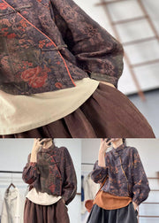 Chinese Style Blue Stand Collar Print Linen Top Spring