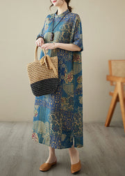 Chinese Style Blue Stand Collar Print Patchwork Linen Dress Summer